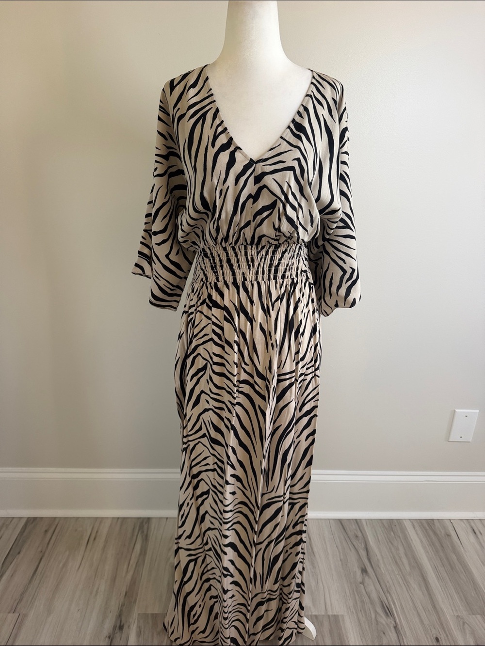 NWOT INC V-Neck Zebra Print Maxi Dress in Beige and Black